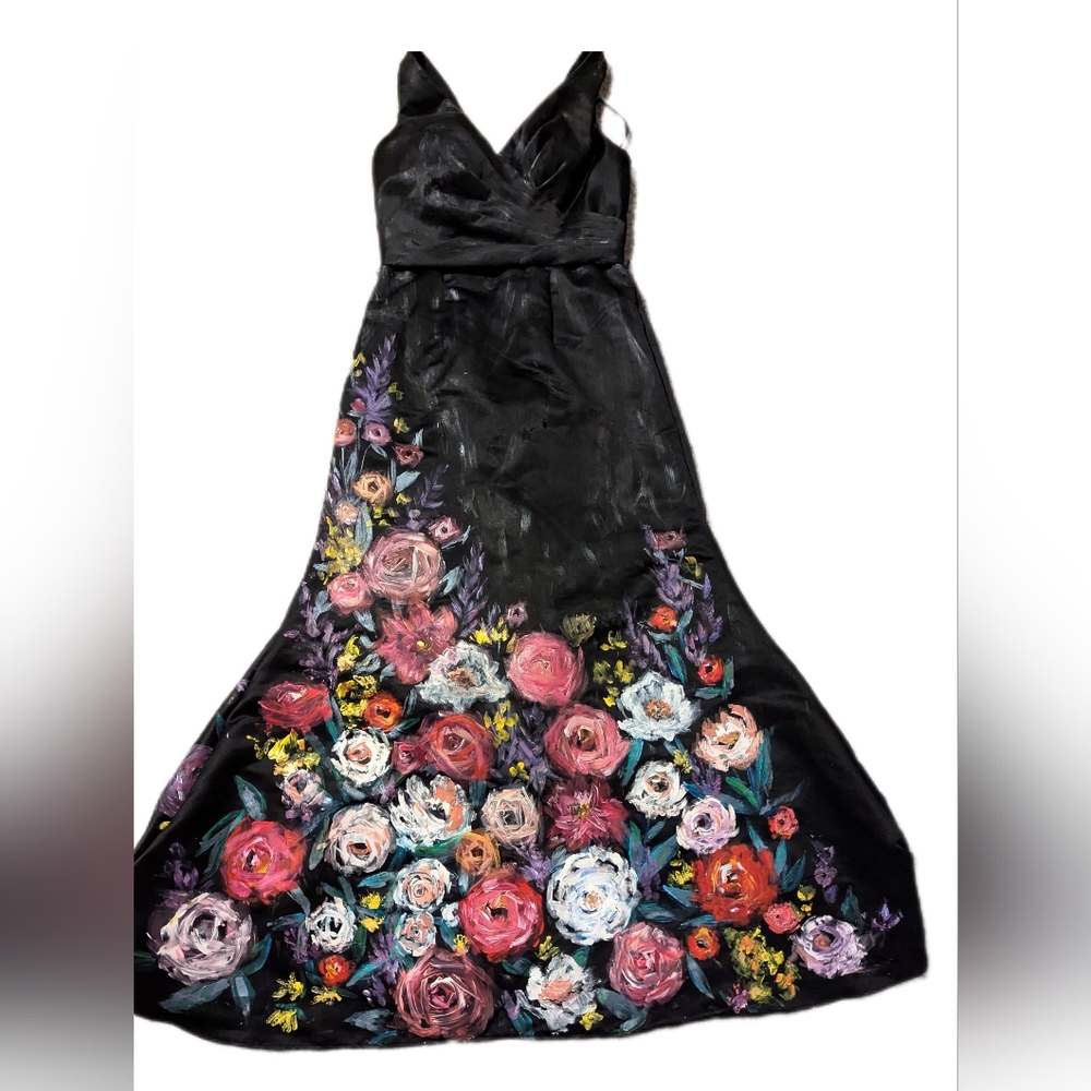 Mori Lee Hand Painted Vneck Floral Black Maxi Dress Size XL 16